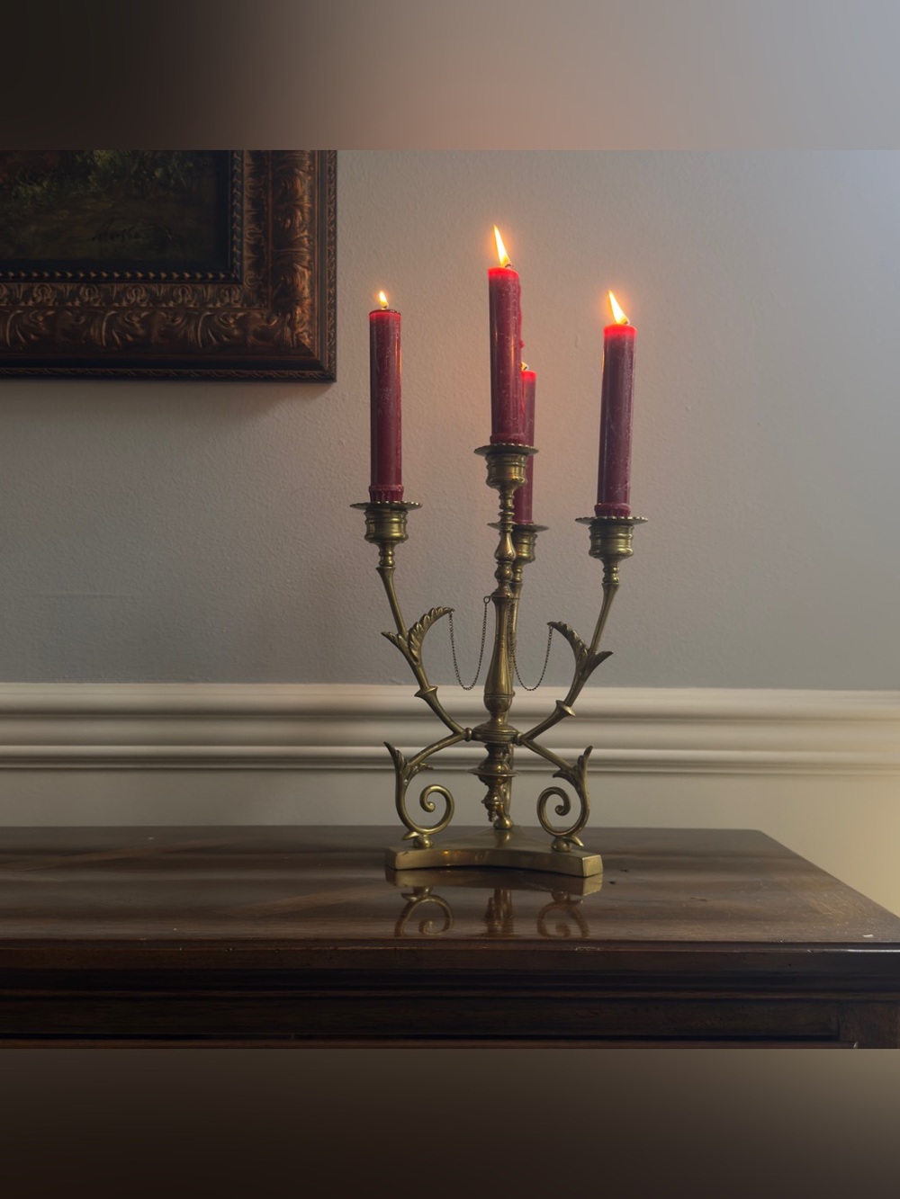Antique Brass 4 Light Candelabra Modular Threaded Chained Column 12" Gothic Leaf